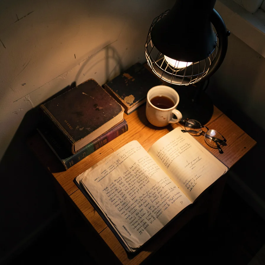 Overhead reading nook side table with book tea glasses