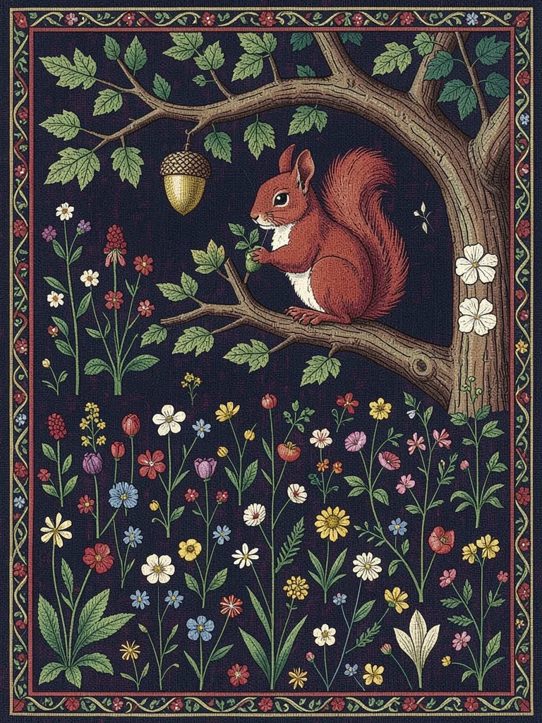 Squirrel in Oak on Red Millefleur Ground