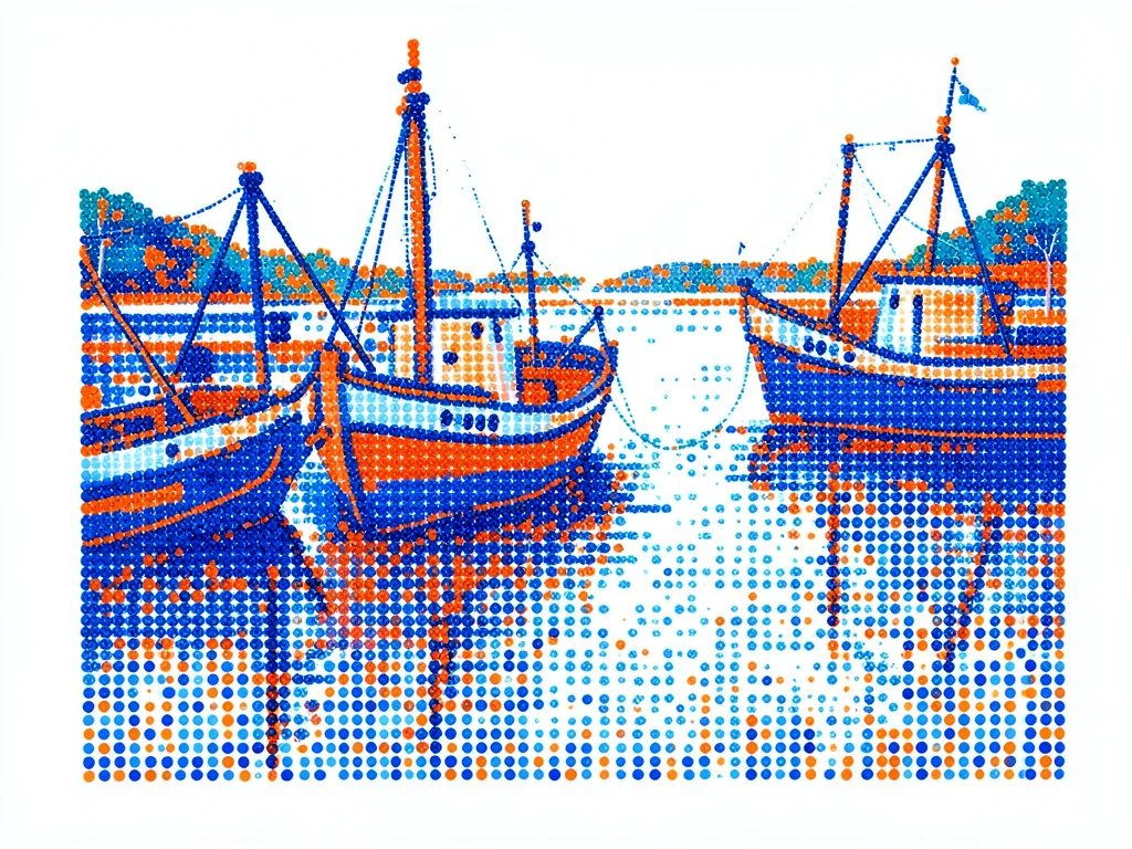 Harbor scene with moored fishing boats, water surface rendered in blue-orange do