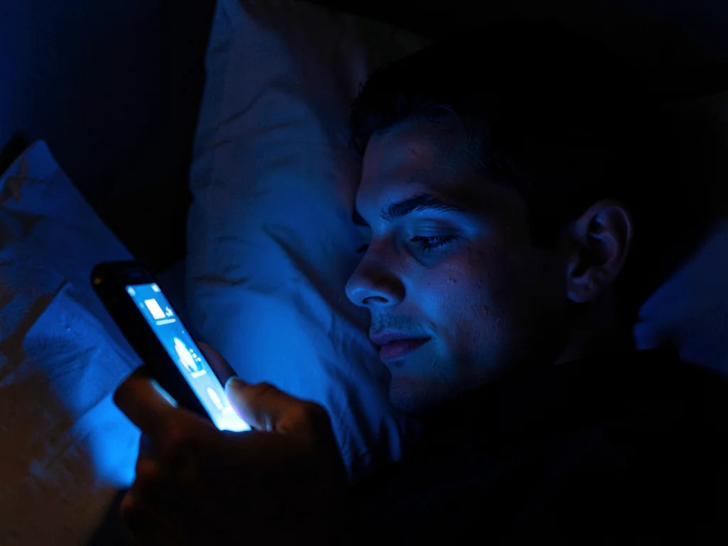 Face lit only by phone screen at 2am, blue light on pillow, the insomniac scroll