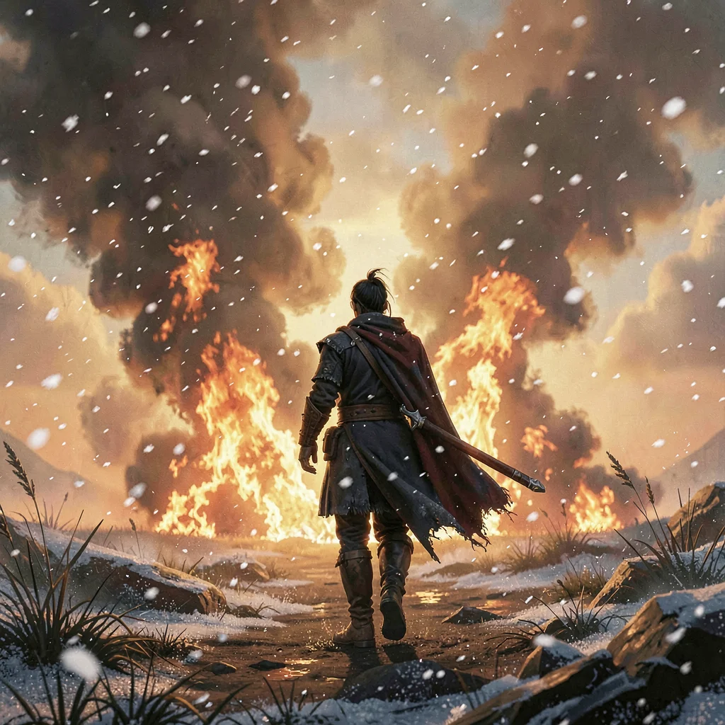 Painterly mood vista of a lone warrior silhouette walking into a burning horizon