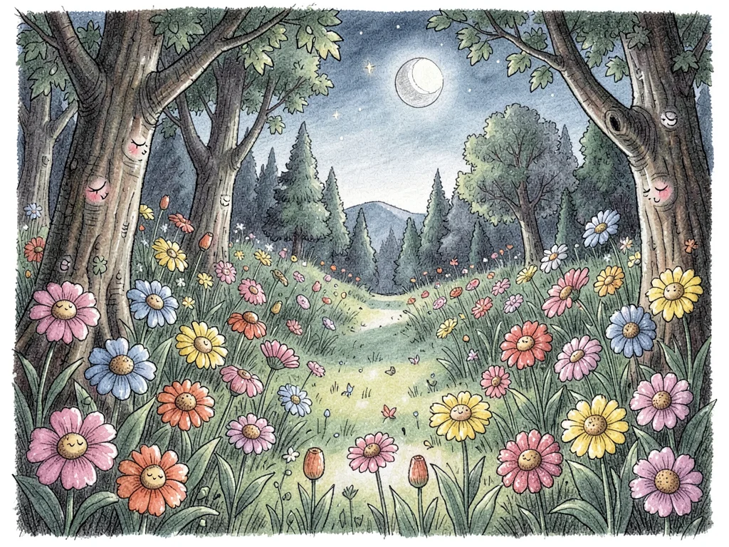 Night garden with sleeping flower faces