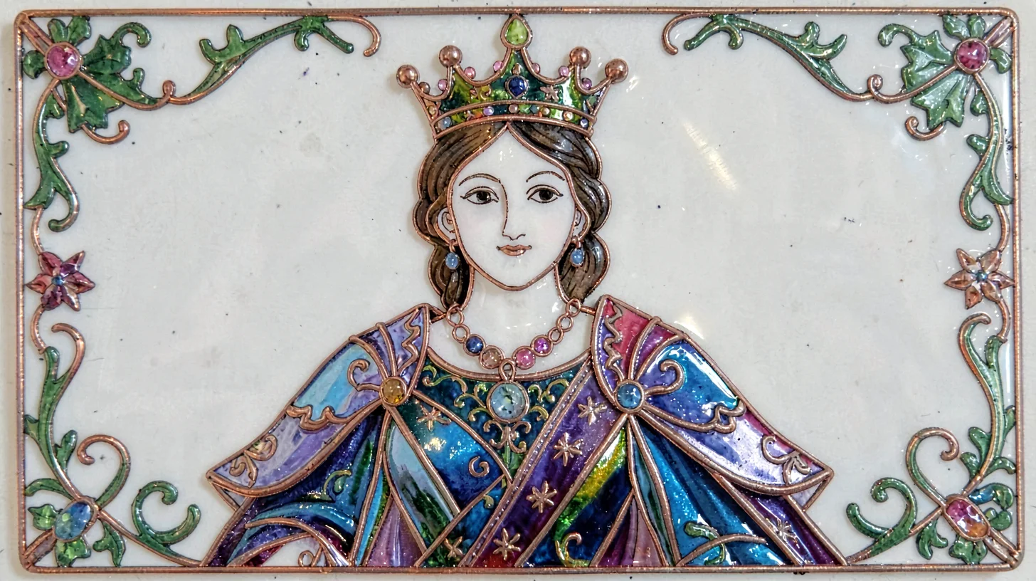 Cloisonné enamel illustration, queen with crown , copper wire outlines, glass en