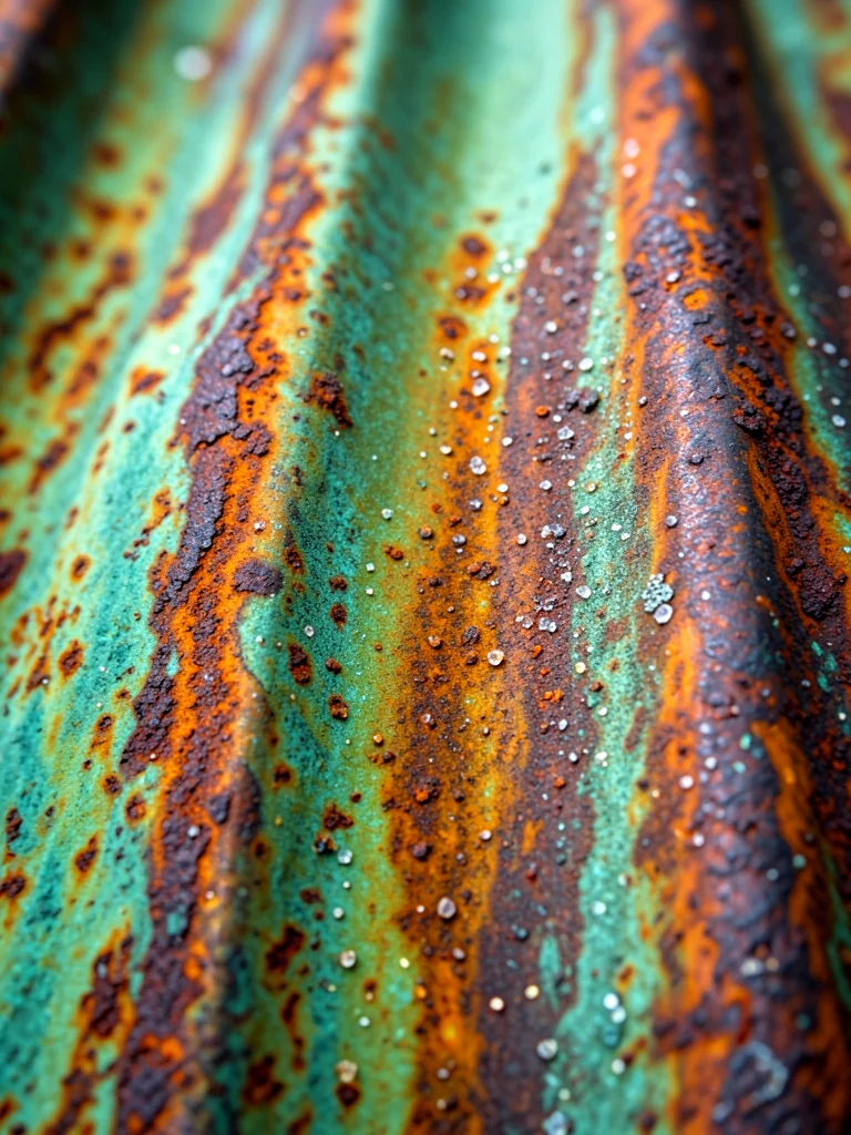 Copper rain gutter showing striped patina from water runoff, alternating green-a