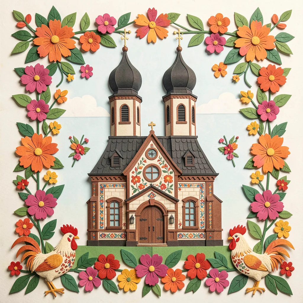 Polish wycinanki paper cut illustration, a church with onion dome surrounded by 