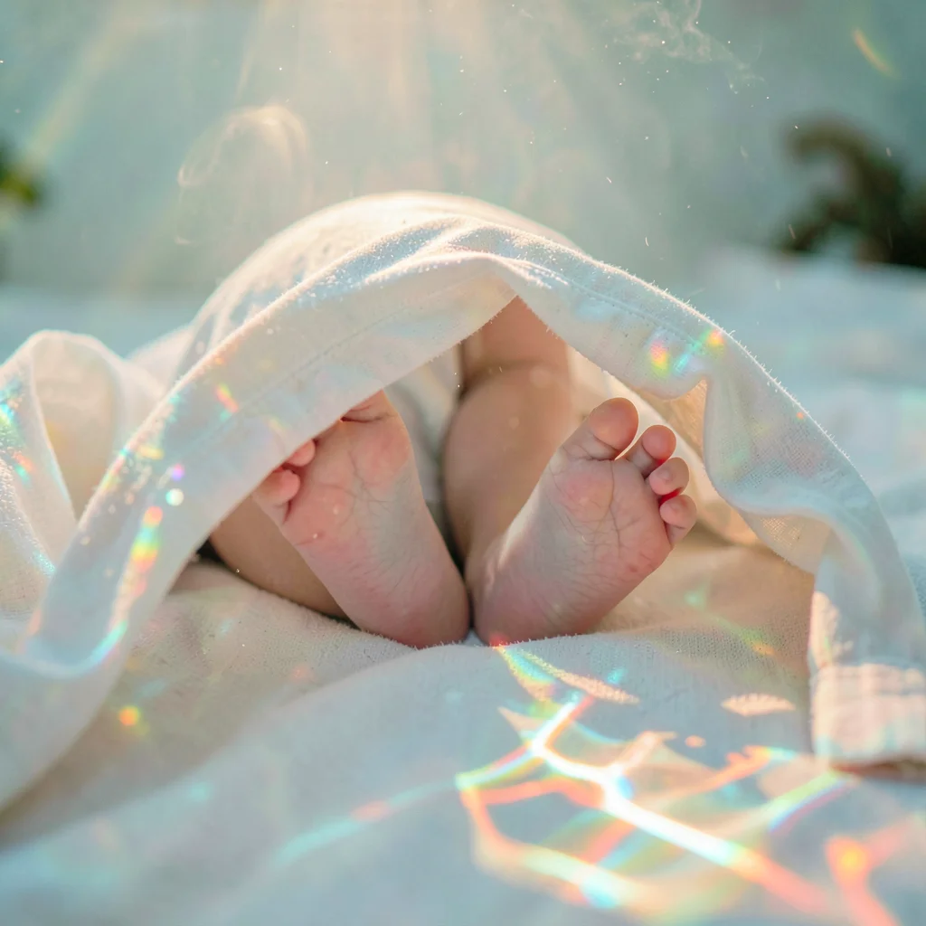Soft diffused tropical light filtering through water vapor, Baby feet poking out
