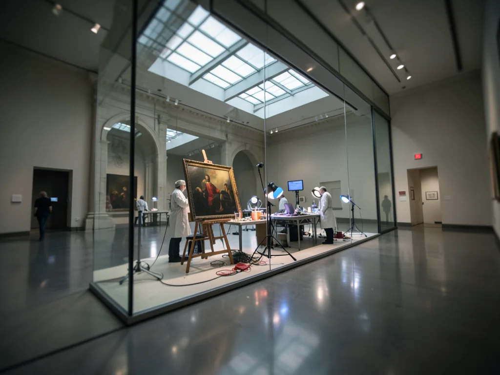 A conservation studio visible through glass: a painting on an easel, conservator