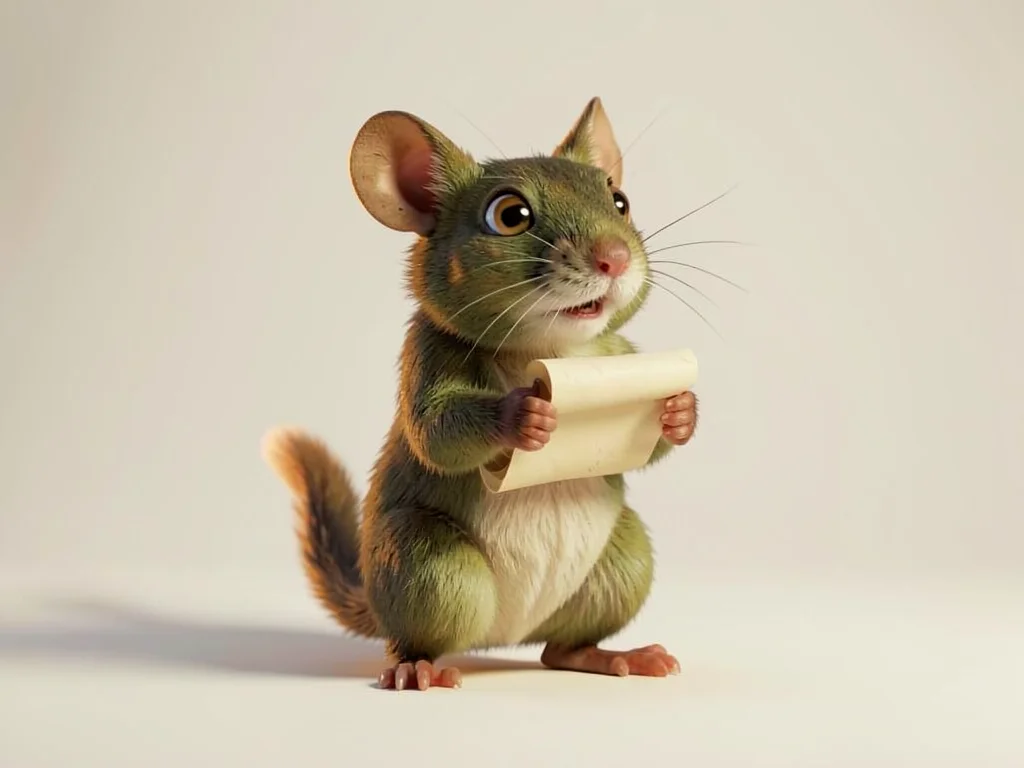 Tiny dormouse-poet standing on hind legs with miniature scroll unrolled between 