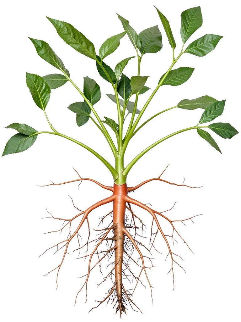 Root system of a weed extracted perfectly intact, soil removed, arterial complex