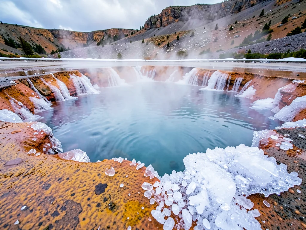 Salt crystals forming at hot spring edge