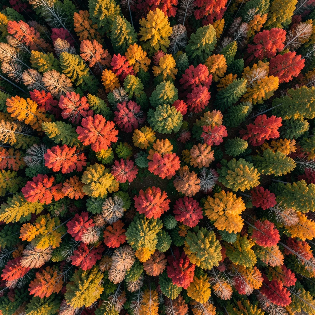 Autumn forest canopy from directly above, the mosaic of red, orange, yellow, and