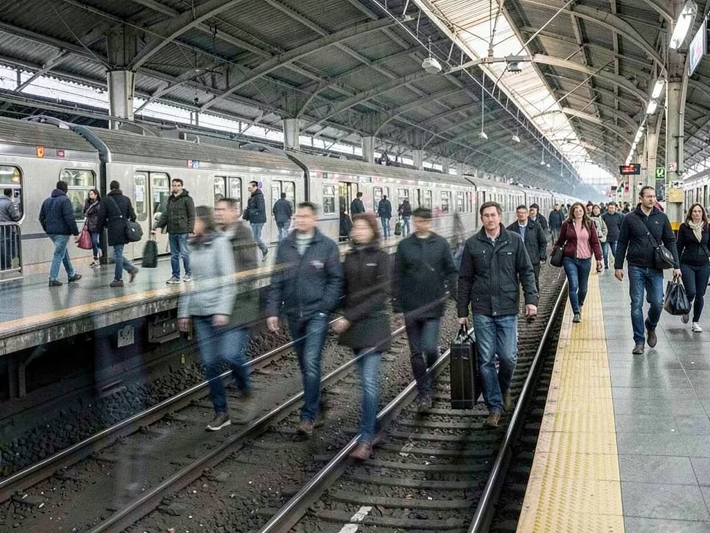 Train platform with arriving and departing crowds overlapping in time