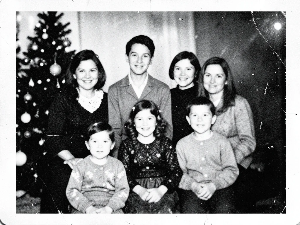 Multiple-generation copy of Christmas family photo, faces softened by time