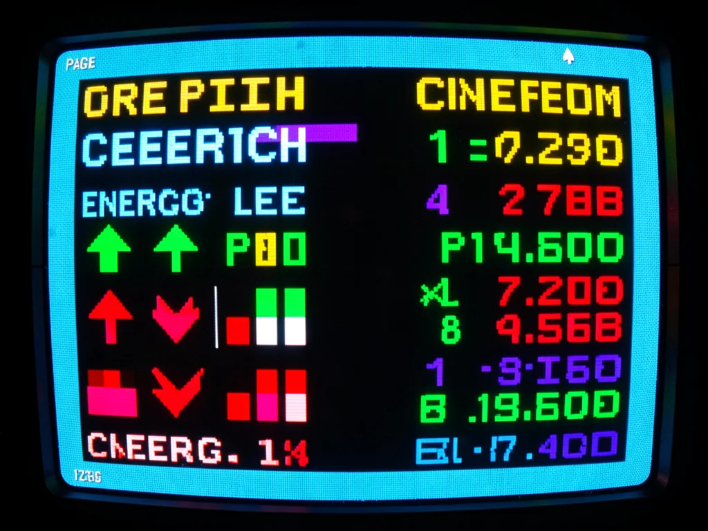 Cryptocurrency prices displayed teletext style, green and red arrows, stock tick