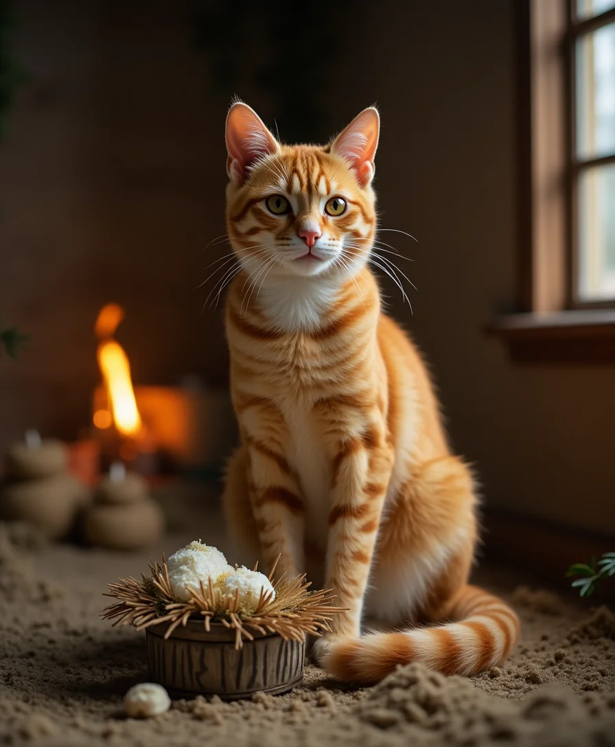 Orange cat sitting in nativity scene