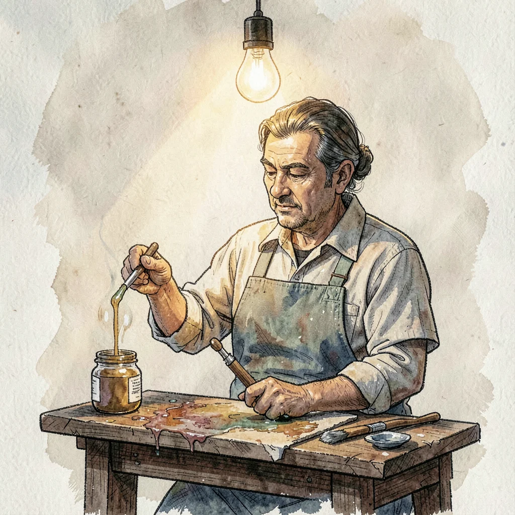 Artisan portrait of a teacher demonstrating an oiling technique, single warm bul