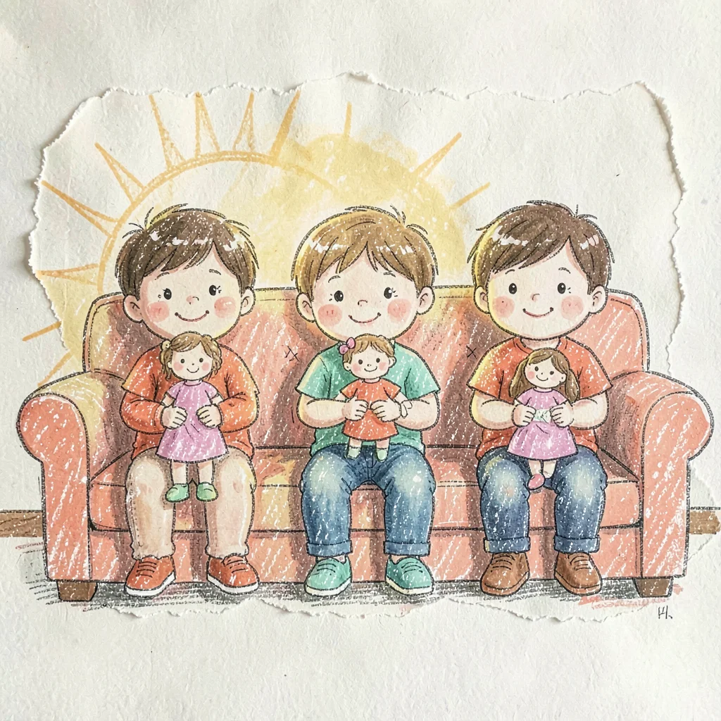Three siblings on a settee each holding their own doll, kid-friendly glow