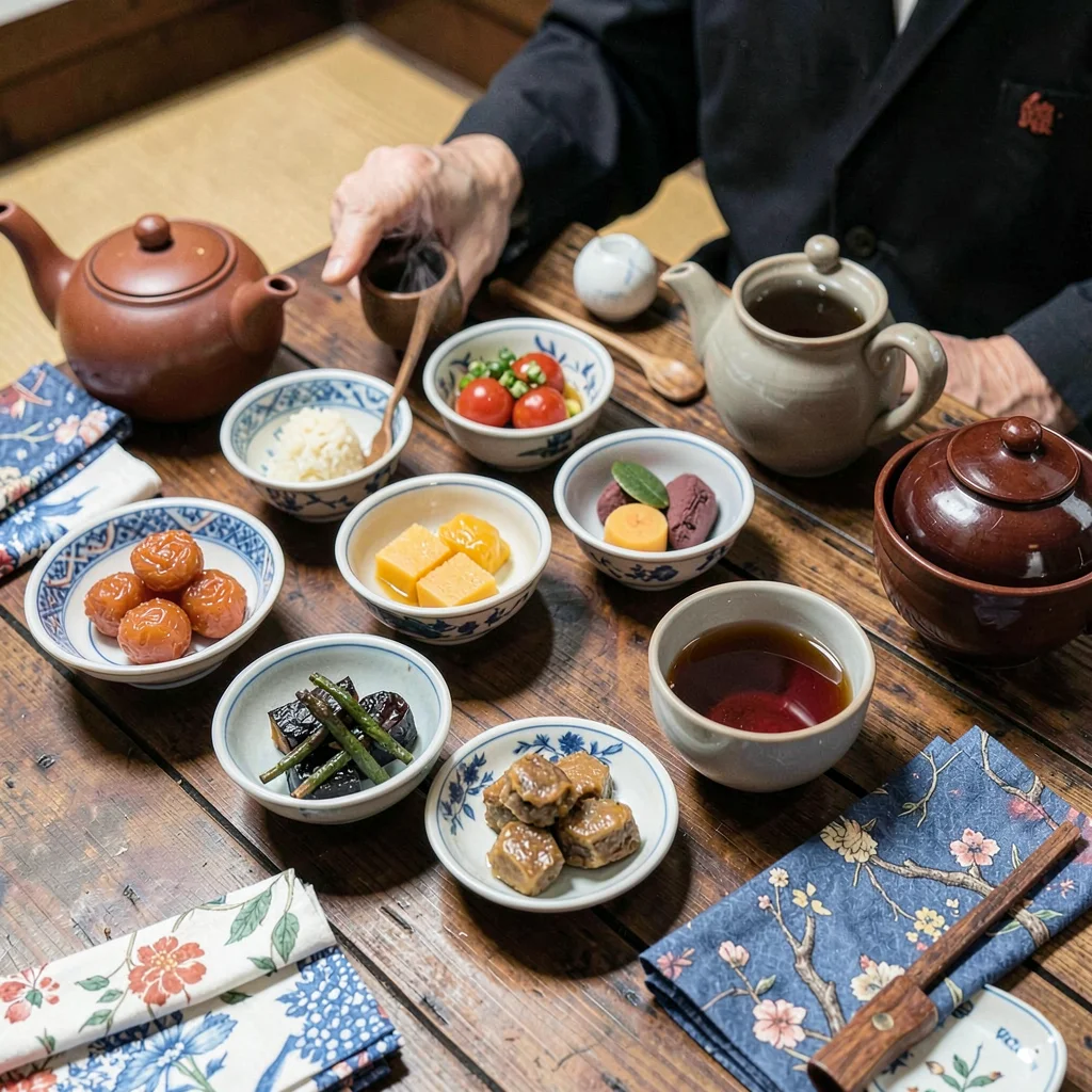 Tea ceremony preparation with multiple small dishes of sweets, tea implements, p