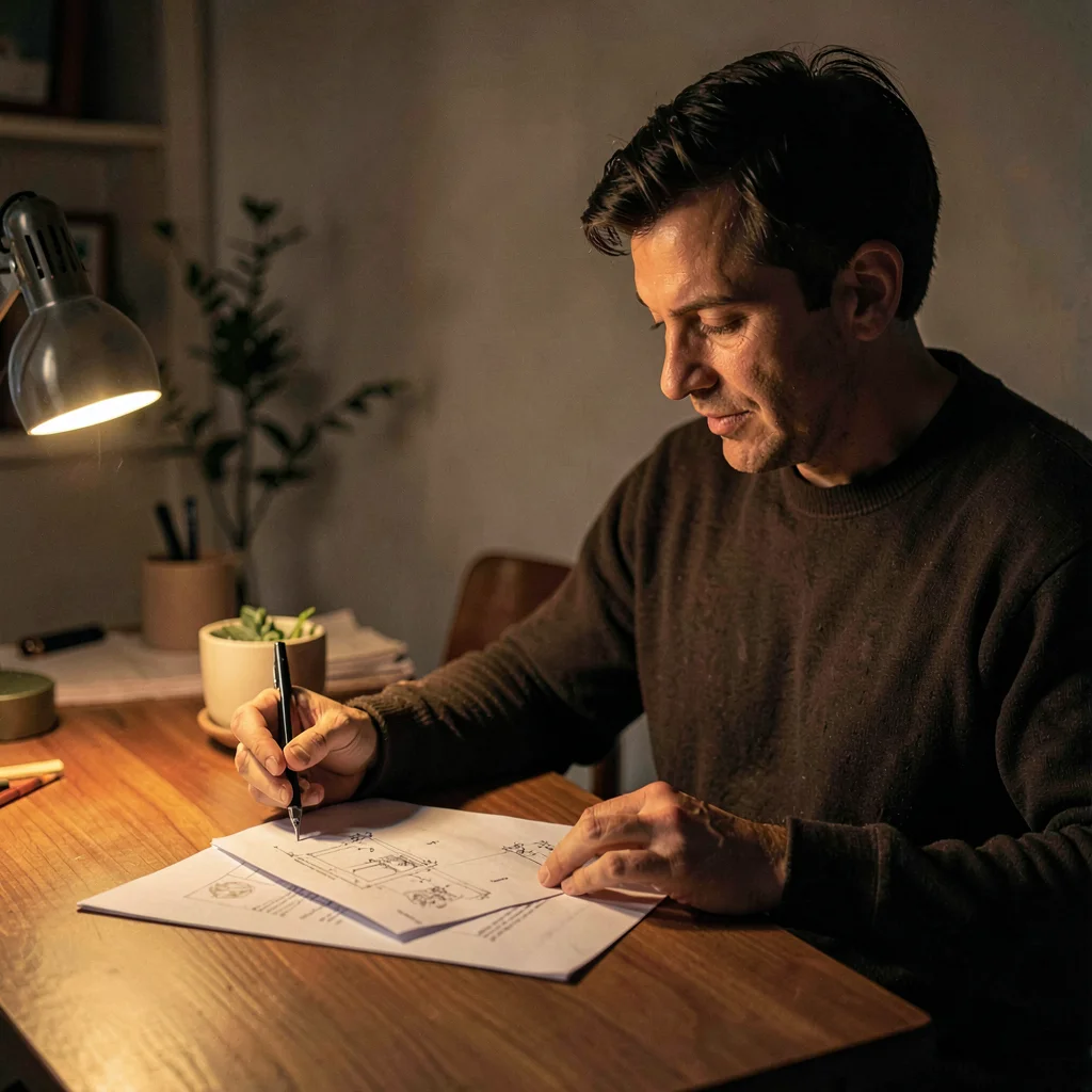 Lamplit portrait of a packaging designer studying a small printed proof, warm bu