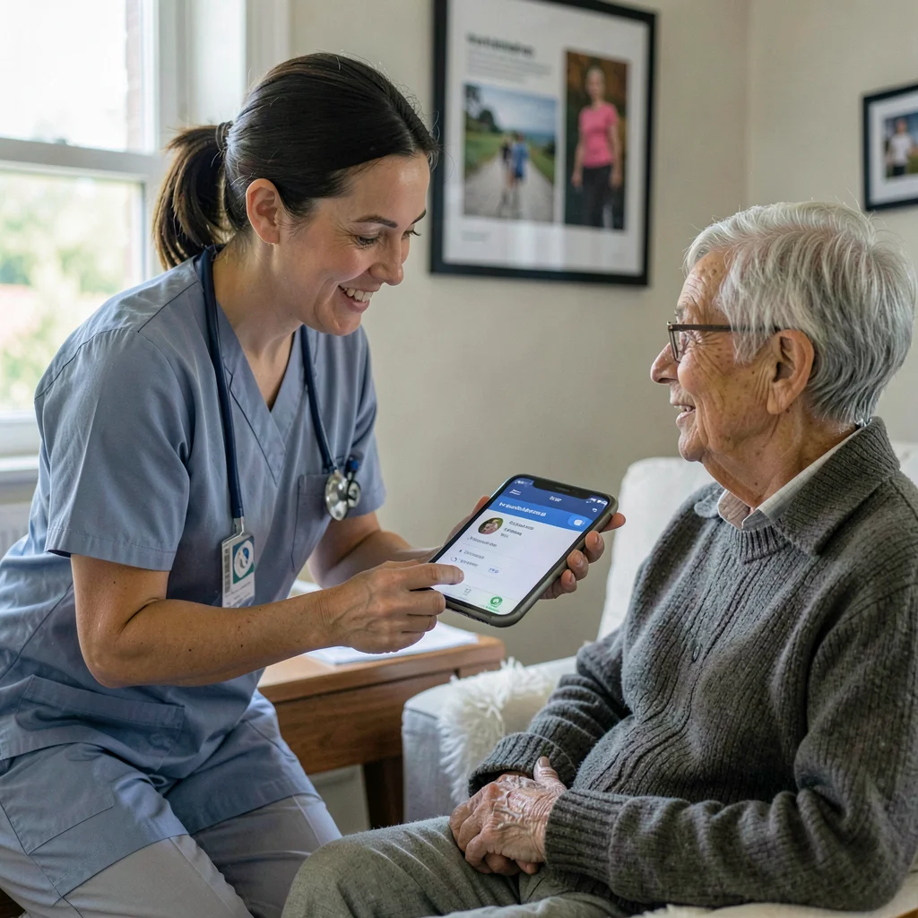 Documentary photography, unposed moment, Nurse explaining telehealth platform to