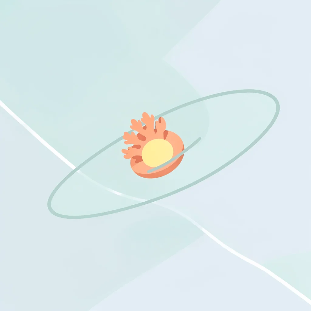 flat-vector single satellite-orbit abstract — small coral disc orbiting a butter