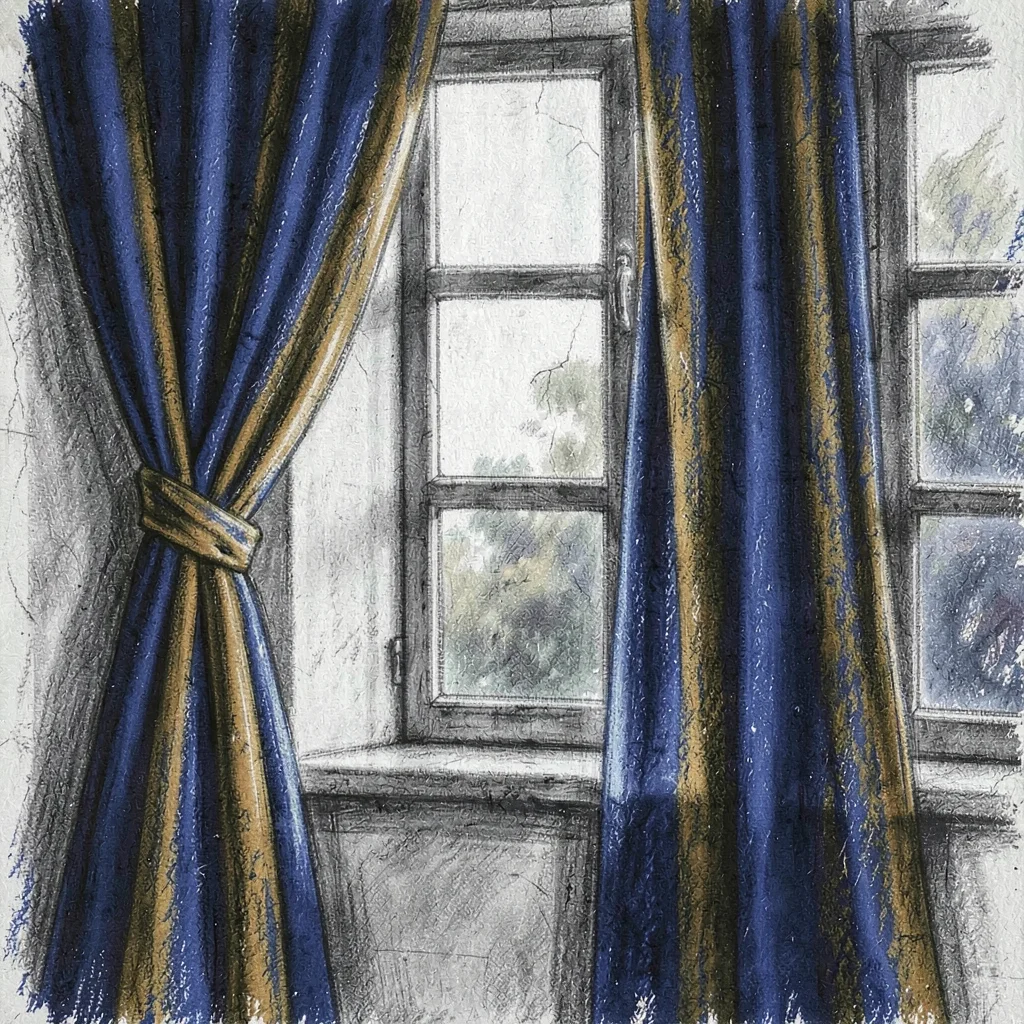 Indira-banerjee painterly composition of a window view with a curtain in saturat