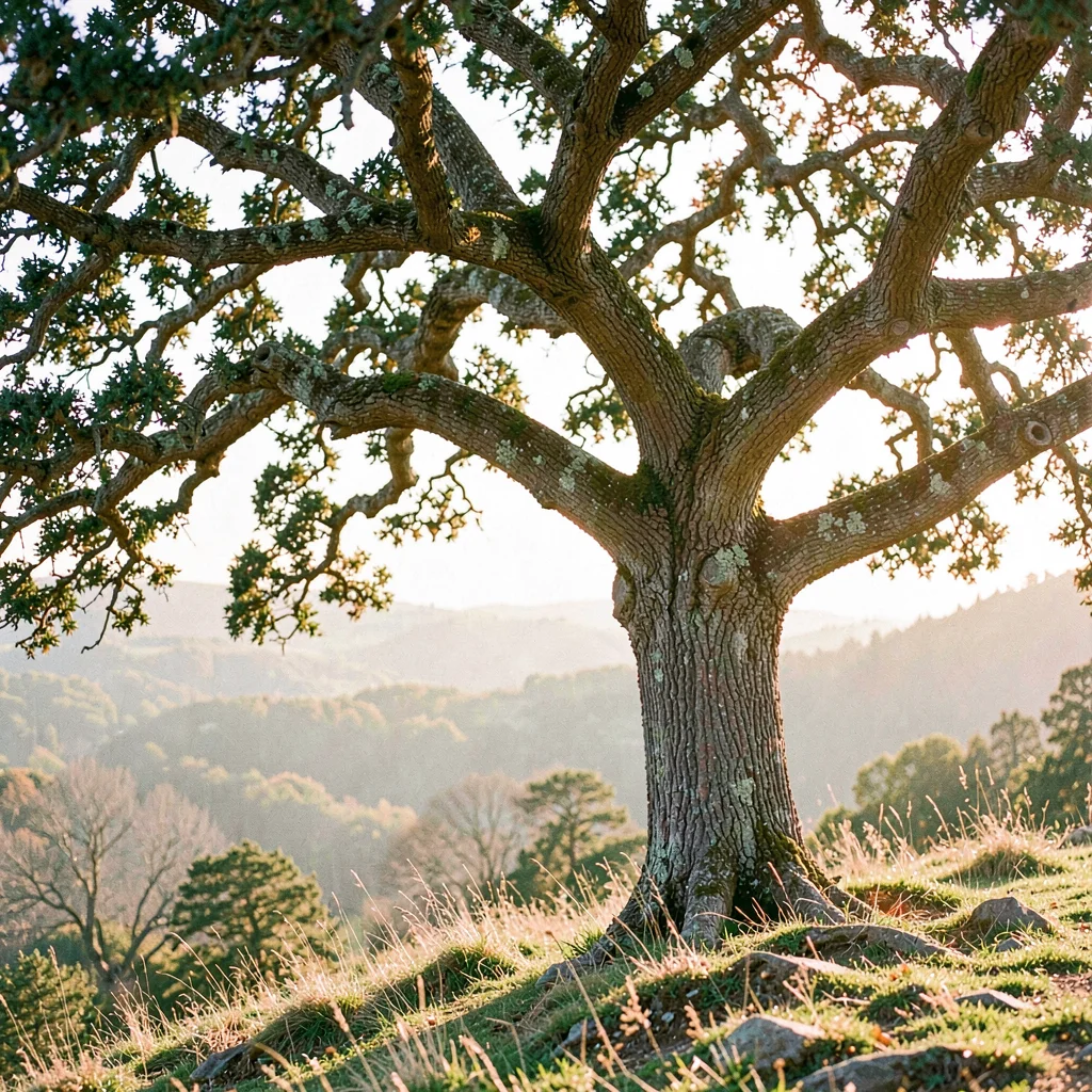Botanical of an old oak tree at the edge of a range, golden hour