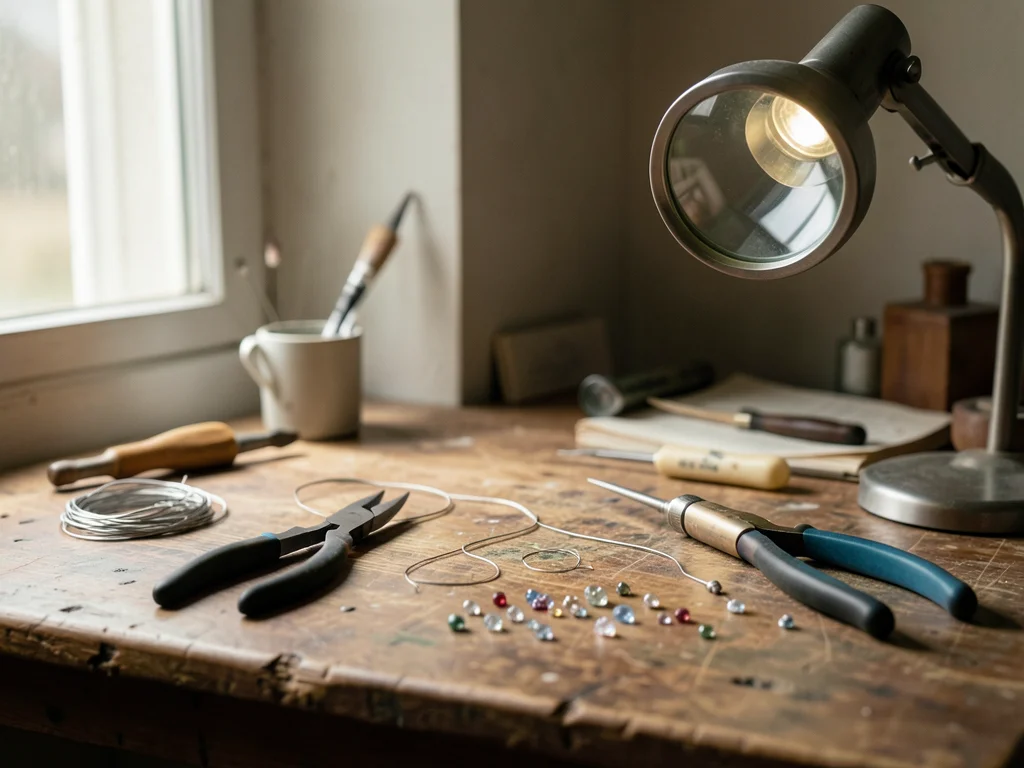 A jewelry maker's workbench: pliers, wire, a soldering iron, tiny gemstones, a m