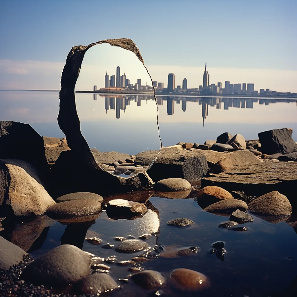 Photo On a lakeshore a mirror leans against a rock. T
