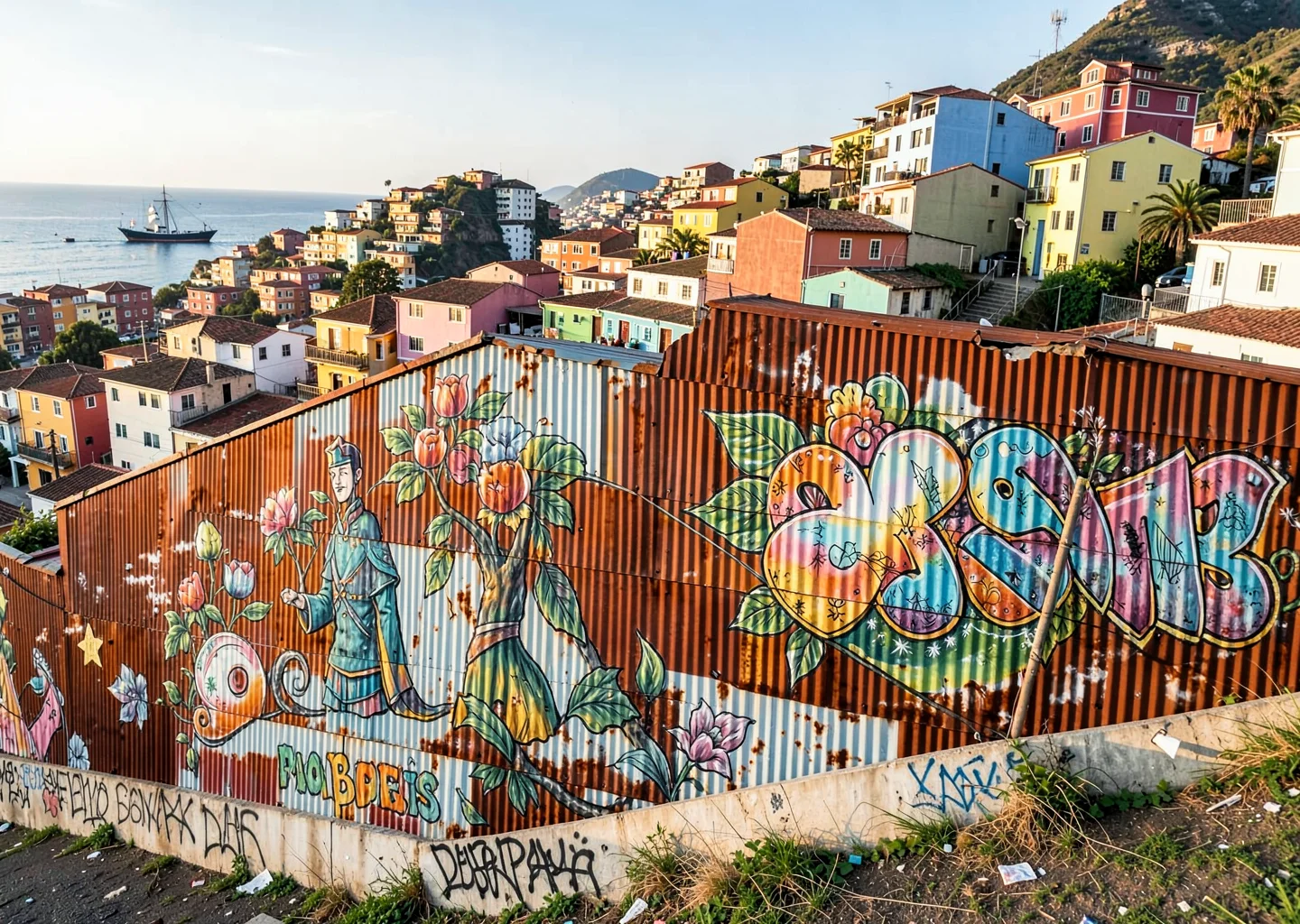 Impossible hill perspectives of Valparaíso, Chile, corrugated metal wall with el