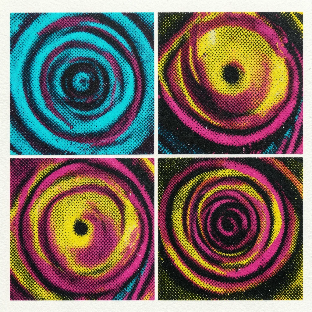 CMYK rosette pattern extreme macro, four halftone screens at standard angles cre