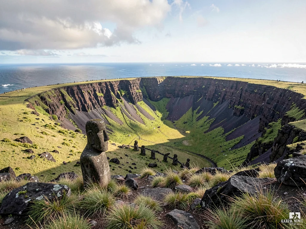 Edge-of-world isolation on Rapa Nui, The volcanic caldera rim with vast Pacific 