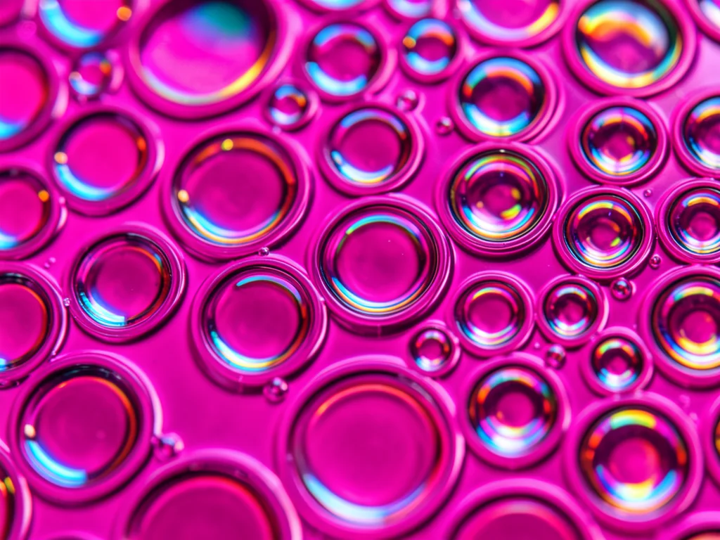 Oil droplets floating on magenta-dyed water, dozens of circular cells each refra
