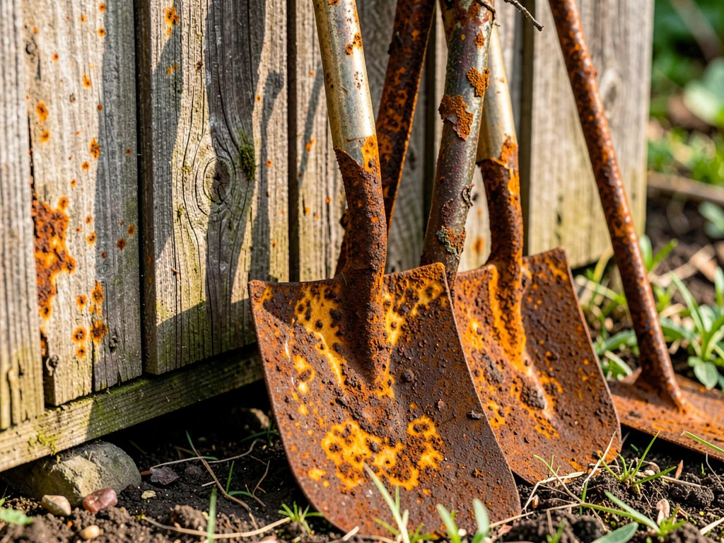 Rusted garden tools leaning against shed, horticultural aging