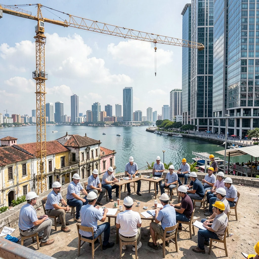 Casco Viejo restoration meeting modern Panama City, Workers on a construction cr
