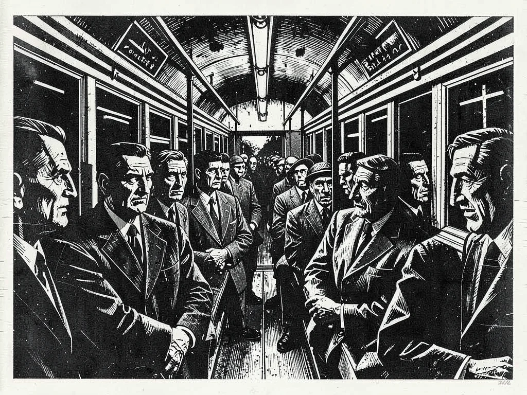 Crowded tram interior, faces compressed into sharp angular wedges