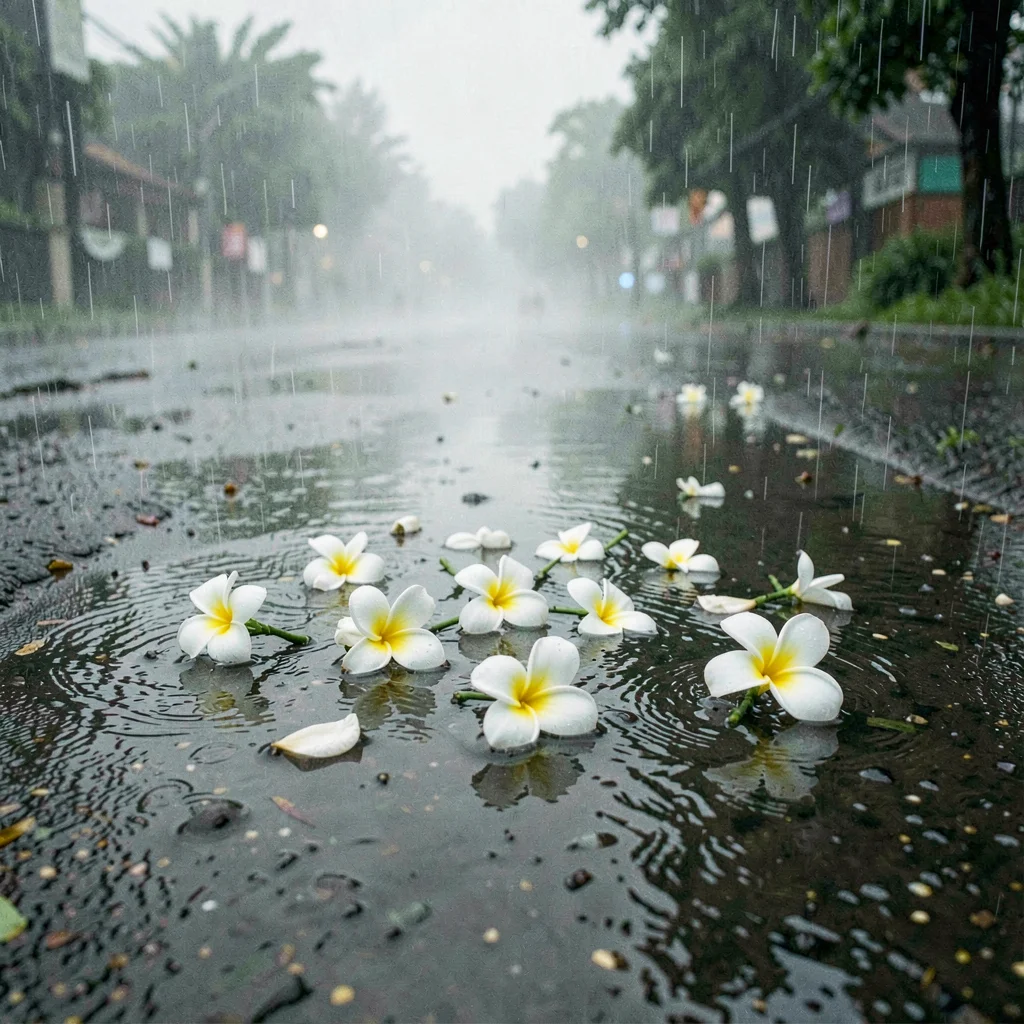 Monsoon season photograph, heavy rain atmosphere, Frangipani flowers floating in