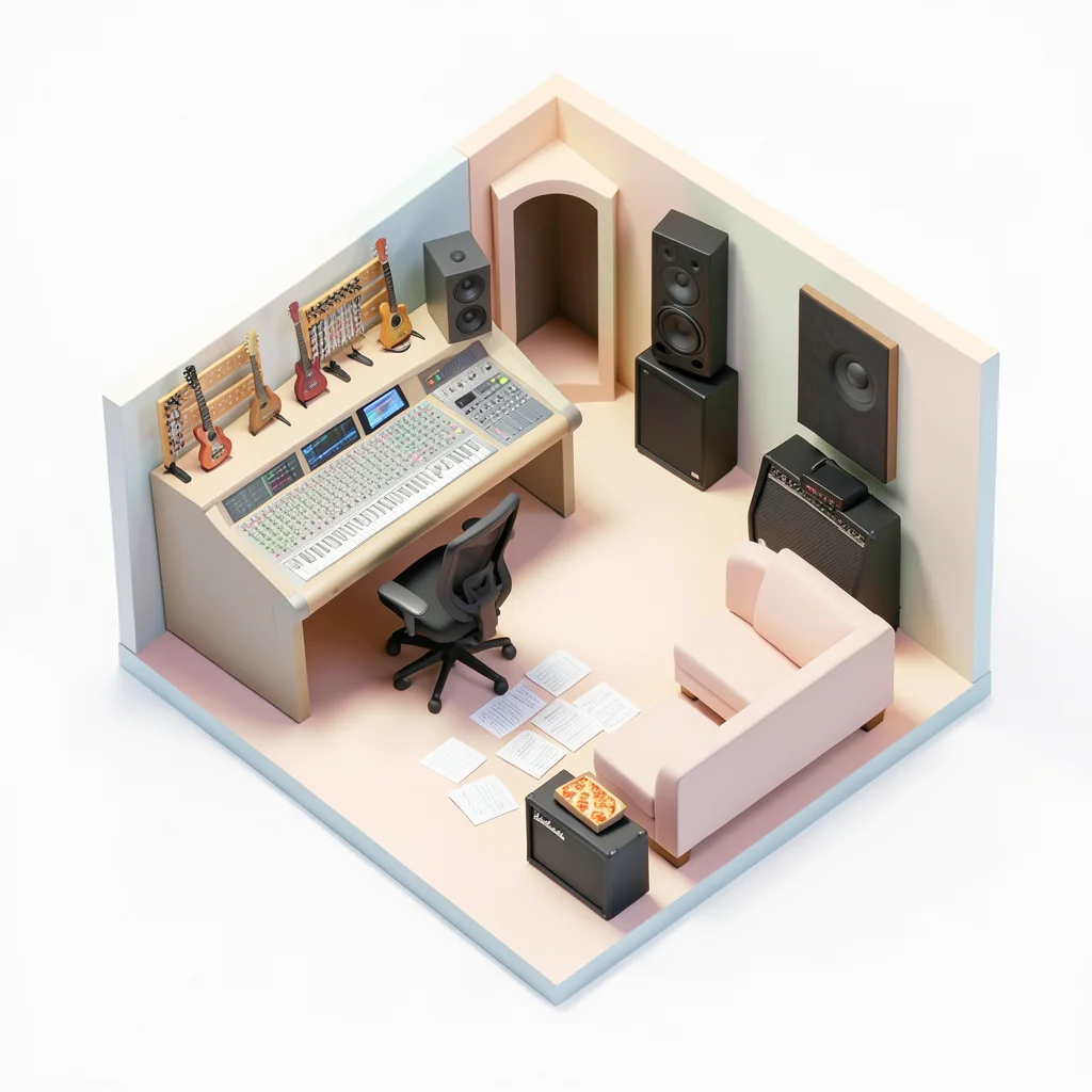 A music studio: mixing desk, guitar rack, vocal booth, sofa with scattered lyric