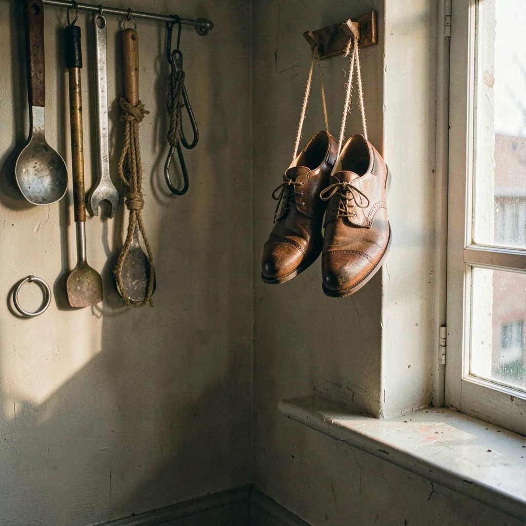 Vertical atmospheric of a tall corner with hanging tools and a finished pair of 