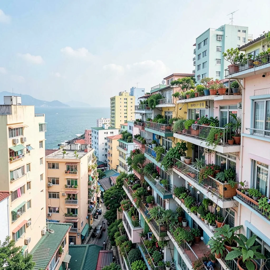 Busan vertical density, hillside village stacking, potted plants overflowing nar