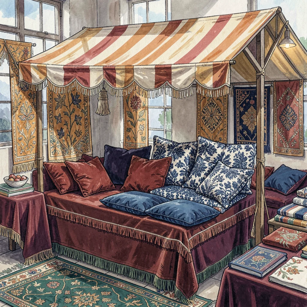Tassel-trimmed cushion-shop market stall at midmorning with one canvas awning ca