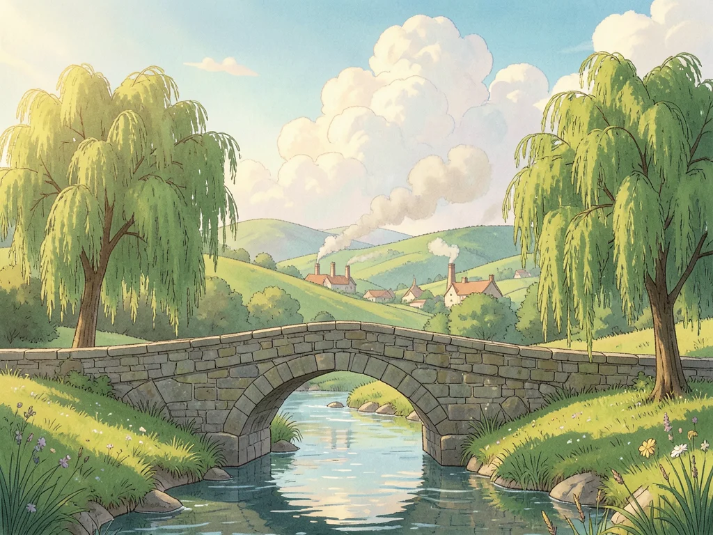 Old stone bridge over a gentle stream, willow trees, distant village with smokin