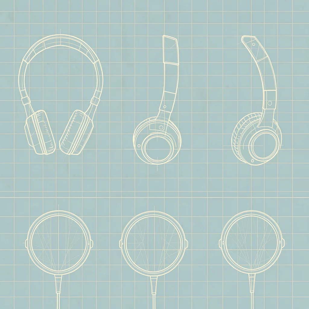 Technical orthographic of a headphone in three views, top, side, front, hairline