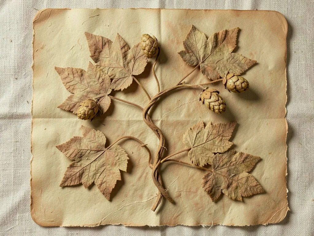 Twisted vine of dried hops flattened with leaf clusters splayed evenly across a 