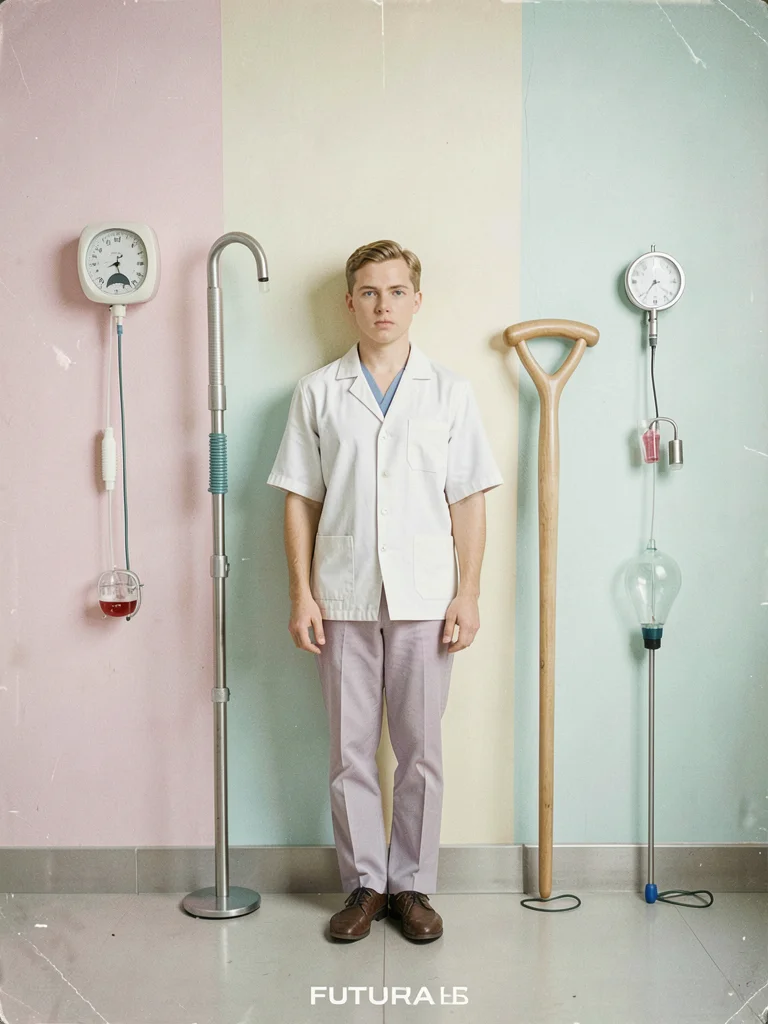 Cast and crutch leaning against pastel wall, perfectly parallel, medical accesso
