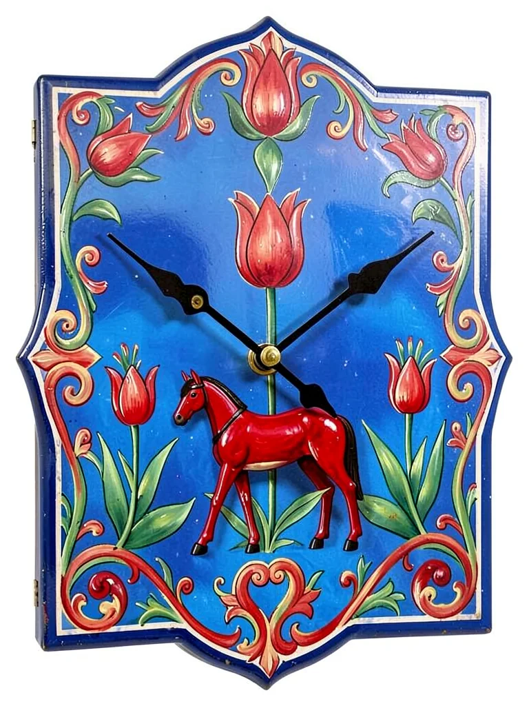 Folk-painted wall clock — blue ground with red and green tulip motif, scrollwork