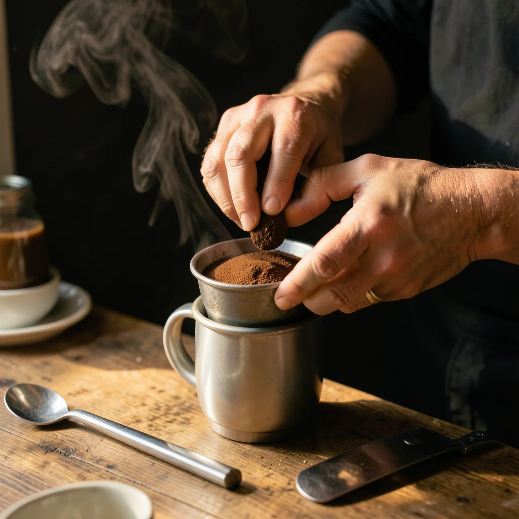 A barista's hands tamping espresso grounds in a portafilter, the puck level and 