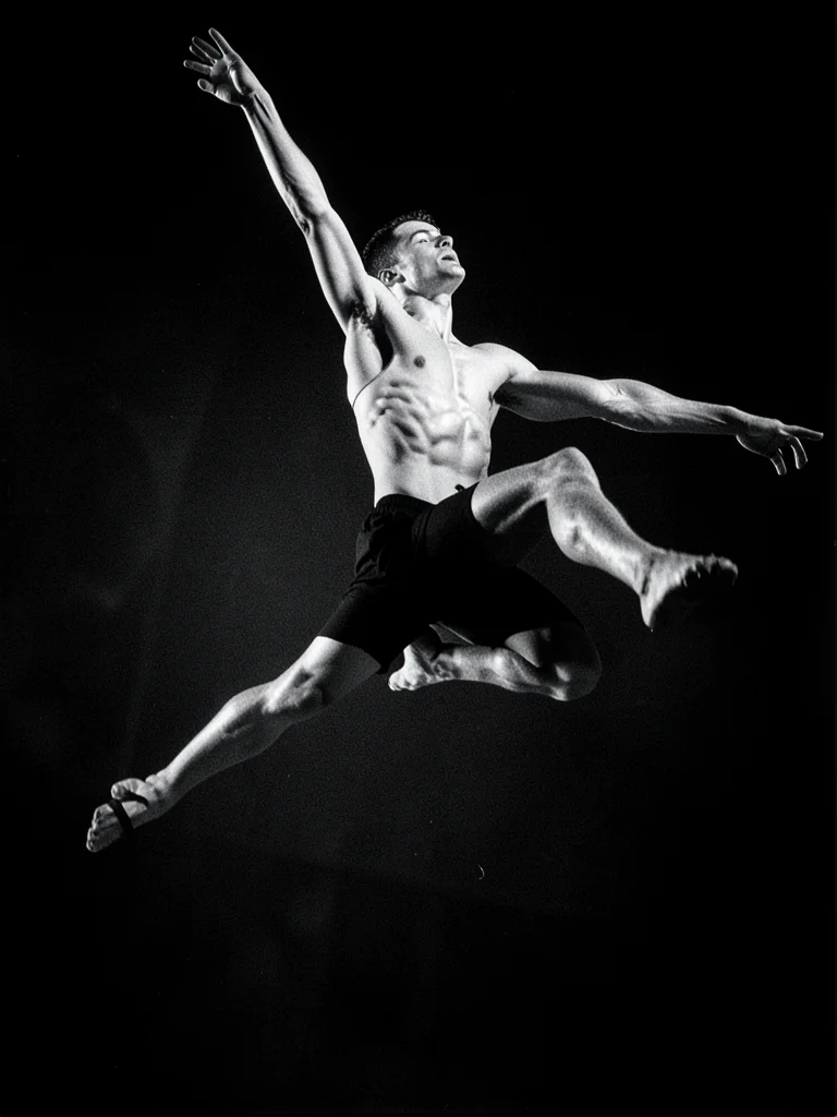 A dancer mid-leap, captured at the peak, muscles defined by hard cross-lighting,