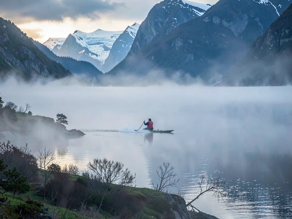Kayaker in mist creating minimalist composition