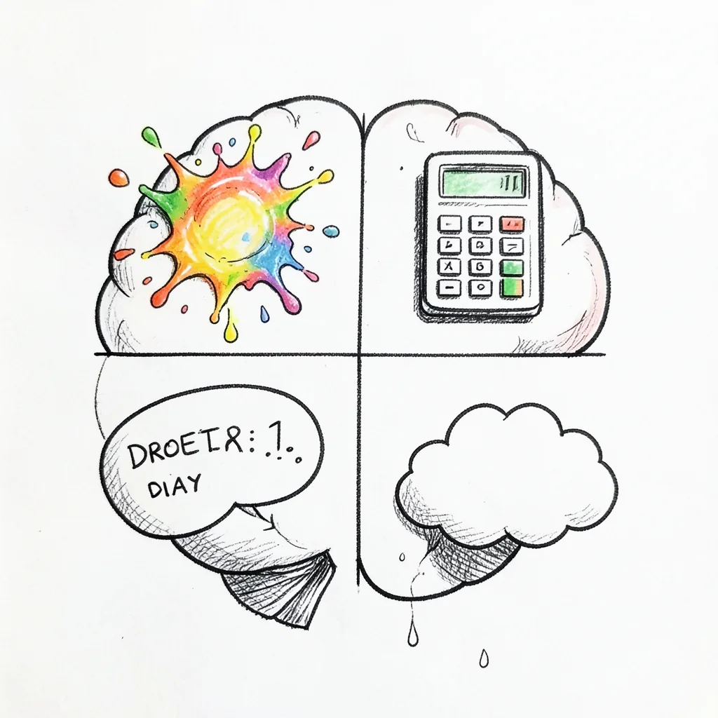 A brain divided into four quadrants: creative (paint splash), logical (calculato